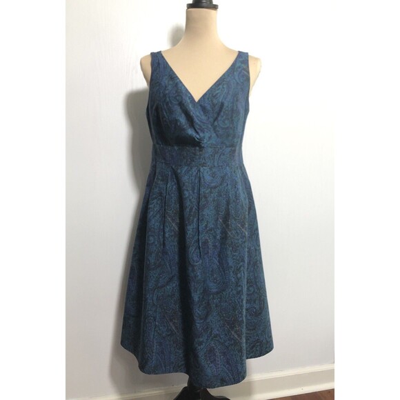 Lands' End Dress Womens 8 Blue Teal Silk Blend Paisley Fit Flare Empire Waist - Picture 1 of 16